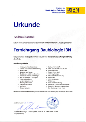 Urkunde Fernlehrgang Baubiologie IBN